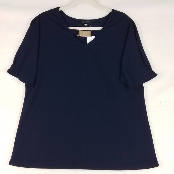 NWT Plus Size Cold Shoulder Blouse 1X in Navy w/ Gold Neck Embellishment - Picture 1 of 13